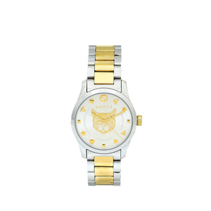 Gucci Steel Yellow Gold G Timeless Watch W/ Feline Head Motif