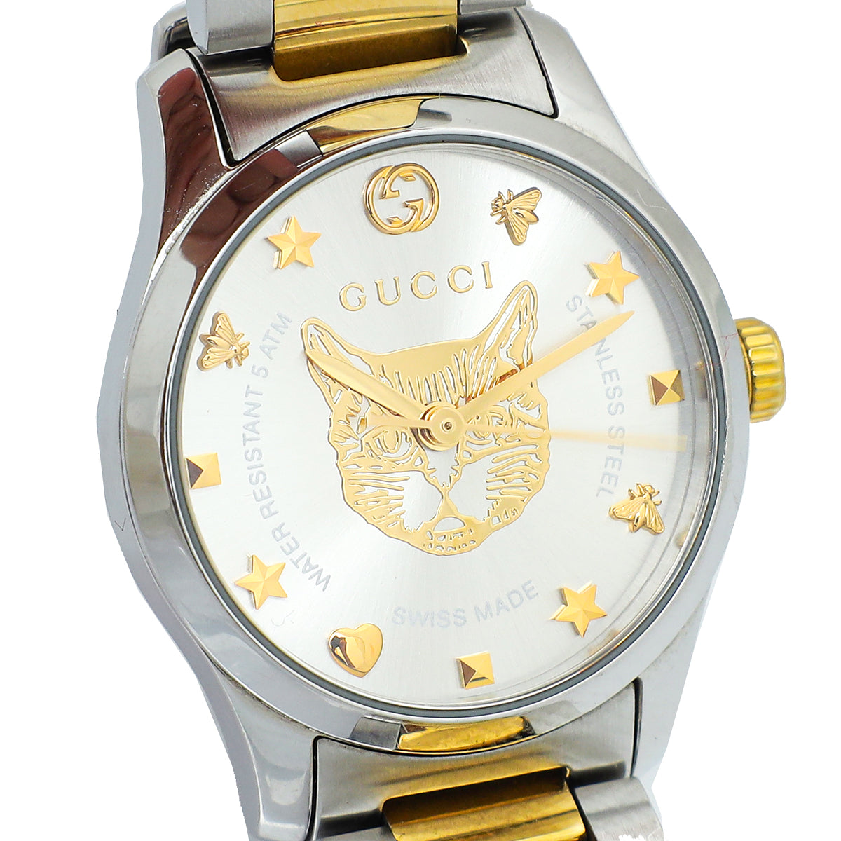 Gucci Steel Yellow Gold G Timeless Watch W/ Feline Head Motif