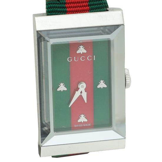 Gucci Stainless Steel G-Frame Bee Motif Green and Red Dial Quartz Watch