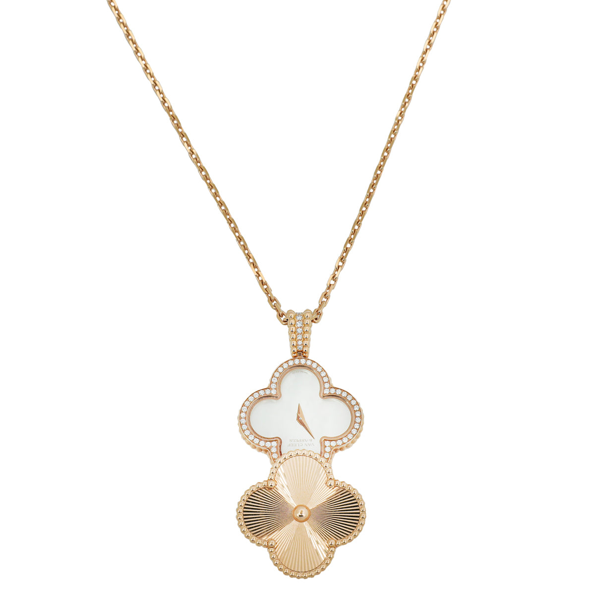 Van Cleef & Arpels 18K Pink Gold Diamonds Alhambra Secret Quartz Pendant Watch-Van Cleef & Arpels-THE CLOSET