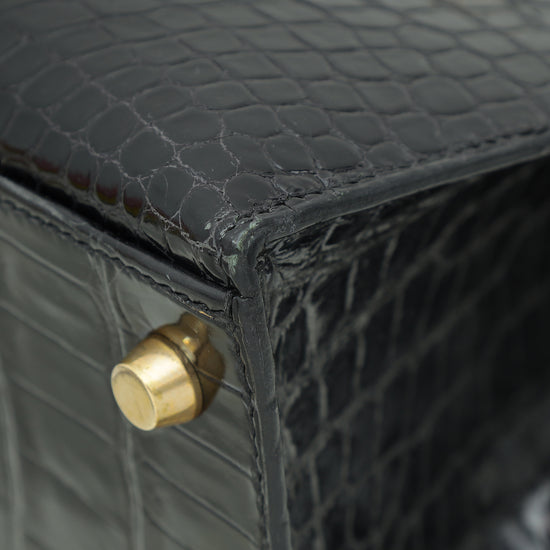 Hermes Noir Shiny Porosus Crocodile Sellier Kelly 28 Bag