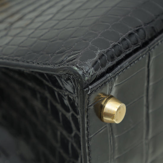 Hermes Noir Shiny Porosus Crocodile Sellier Kelly 28 Bag