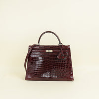 Hermes Bordeaux Shiny Porosus Crocodile Sellier Kelly 35 Bag