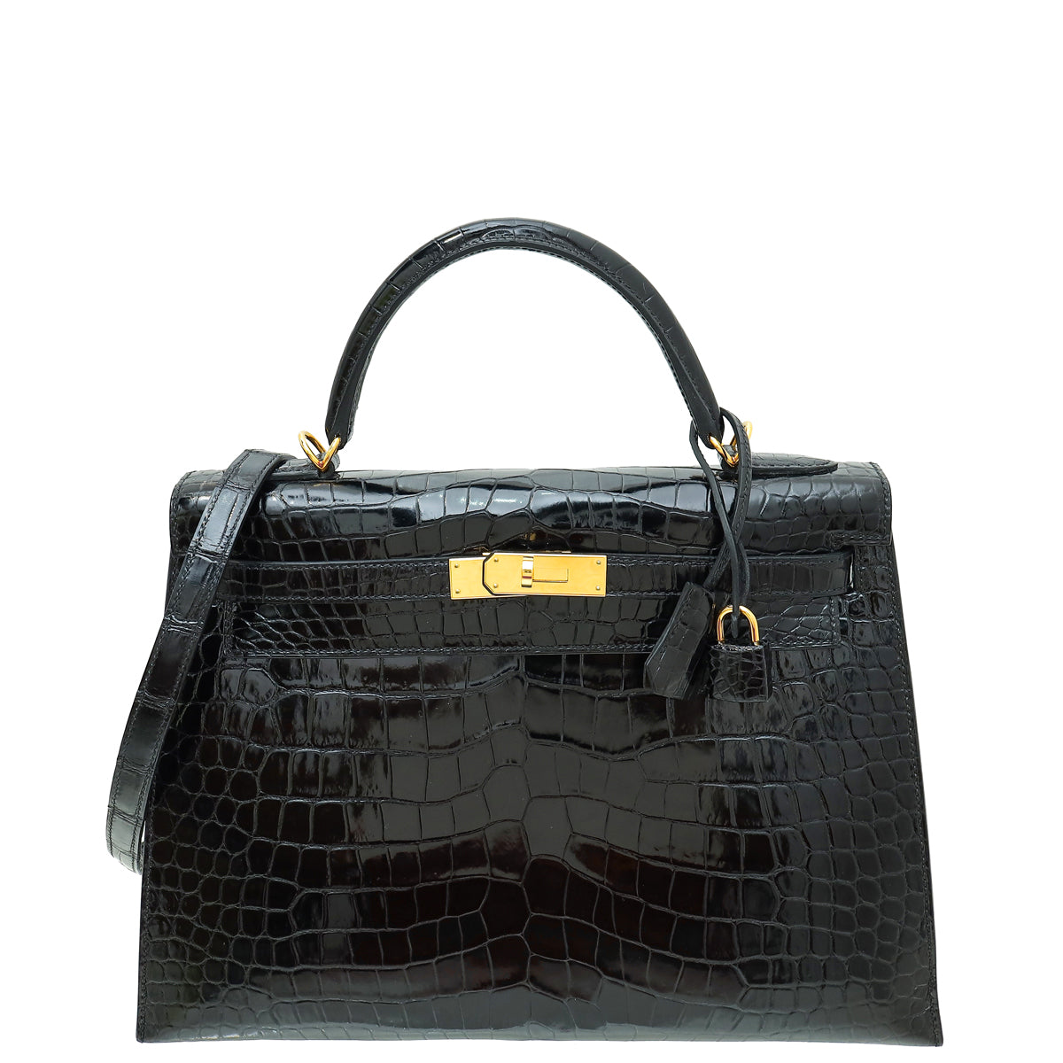 Hermes Noir Shiny Porosus Crocodile Sellier Kelly 32 Bag-Hermes-THE CLOSET