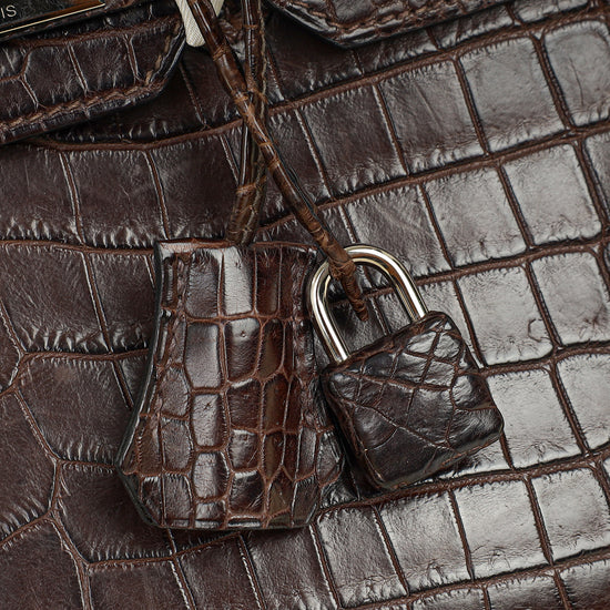 Hermes Chocolate Matte Niloticus Crocodile Birkin 30 Bag w/ Twilly