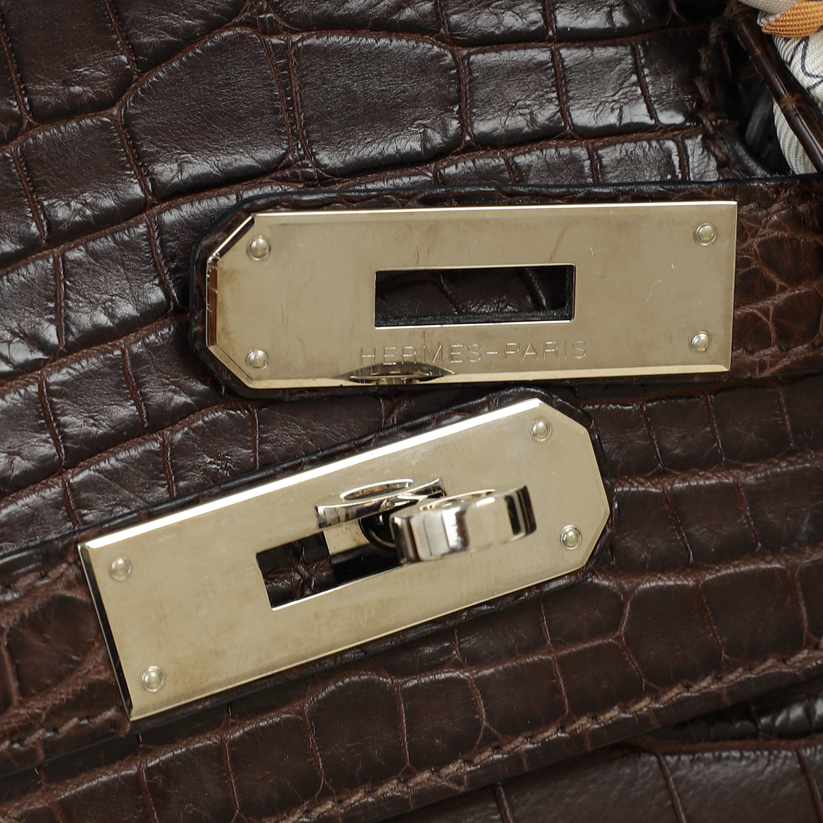 Hermes Chocolate Matte Niloticus Crocodile Birkin 30 Bag w/ Twilly