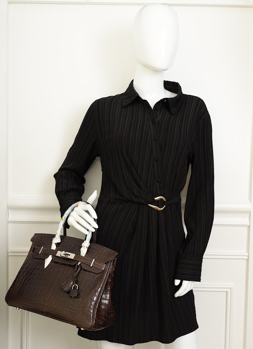 Hermes Chocolate Matte Niloticus Crocodile Birkin 30 Bag w/ Twilly