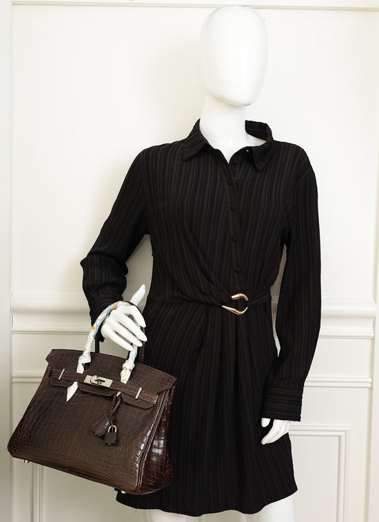 Hermes Chocolate Matte Niloticus Crocodile Birkin 30 Bag w/ Twilly