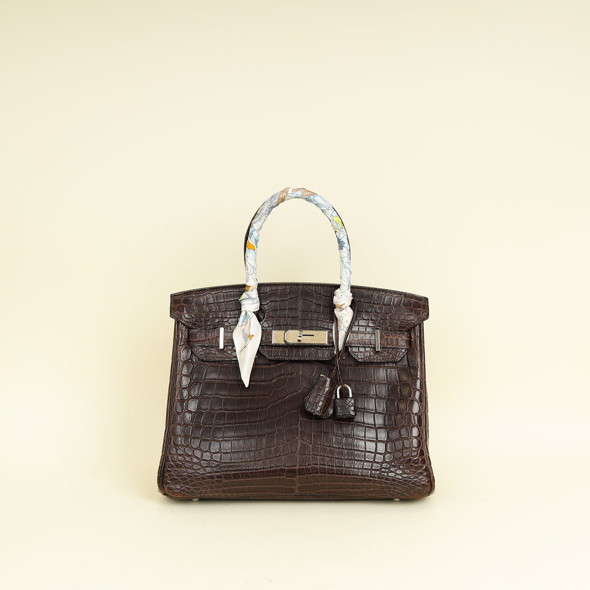 Hermes Chocolate Matte Niloticus Crocodile Birkin 30 Bag w/ Twilly