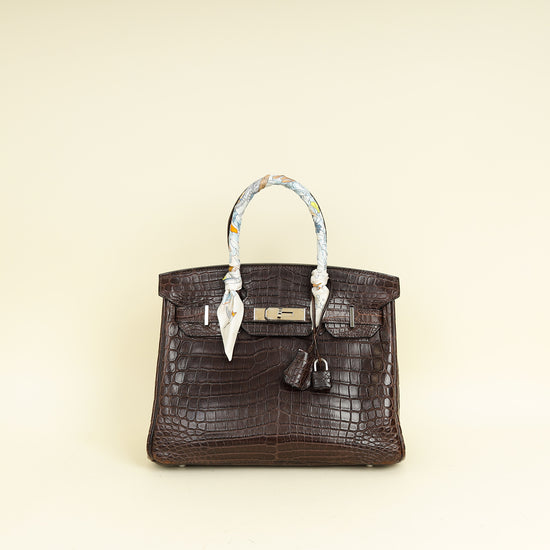 Hermes Chocolate Matte Niloticus Crocodile Birkin 30 Bag w/ Twilly