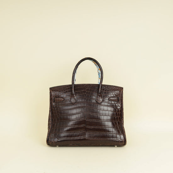 Hermes Chocolate Matte Niloticus Crocodile Birkin 30 Bag w/ Twilly