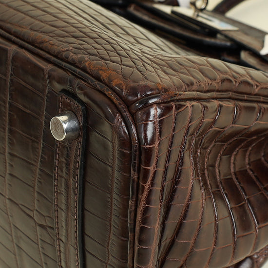 Hermes Chocolate Matte Niloticus Crocodile Birkin 30 Bag w/ Twilly