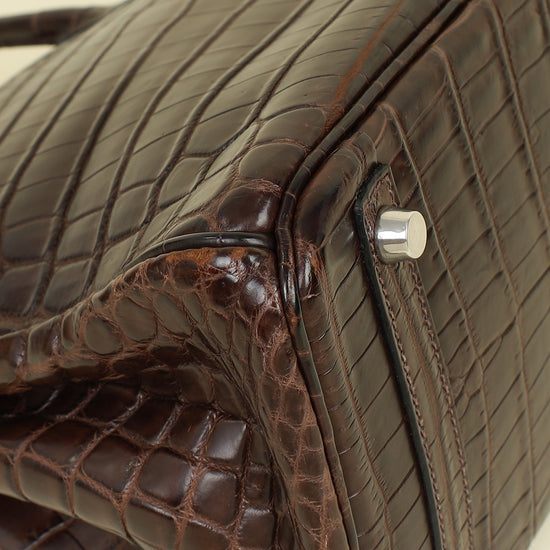 Hermes Chocolate Matte Niloticus Crocodile Birkin 30 Bag w/ Twilly