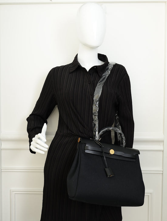 Hermes Noir Herbag Zip 31 Retourne Toile Militaire Vache Hunter PM Bag