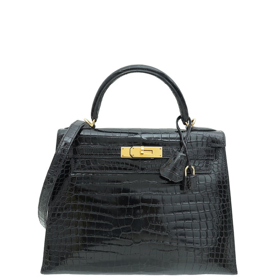 Hermes Noir Shiny Porosus Crocodile Sellier Kelly 28 Bag