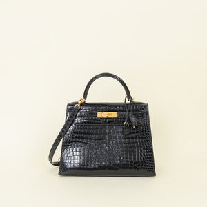 Hermes Noir Porosus Crocodile Sellier Kelly 28 Bag