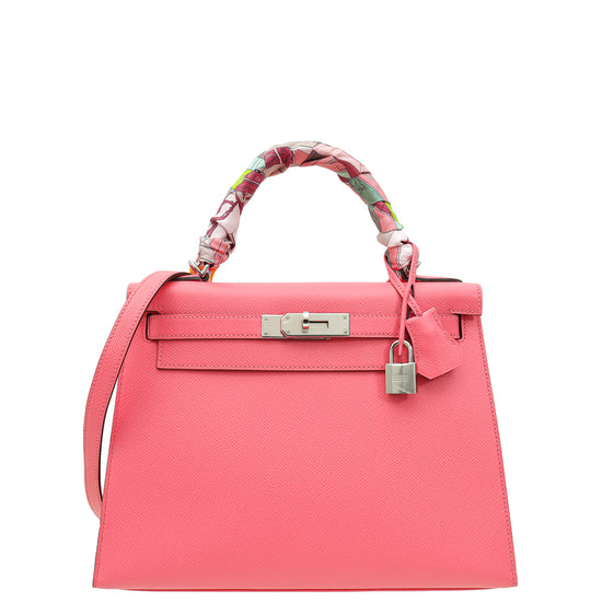 Hermes Rose Azalee Kelly 28 Sellier Bag W/ Twilly