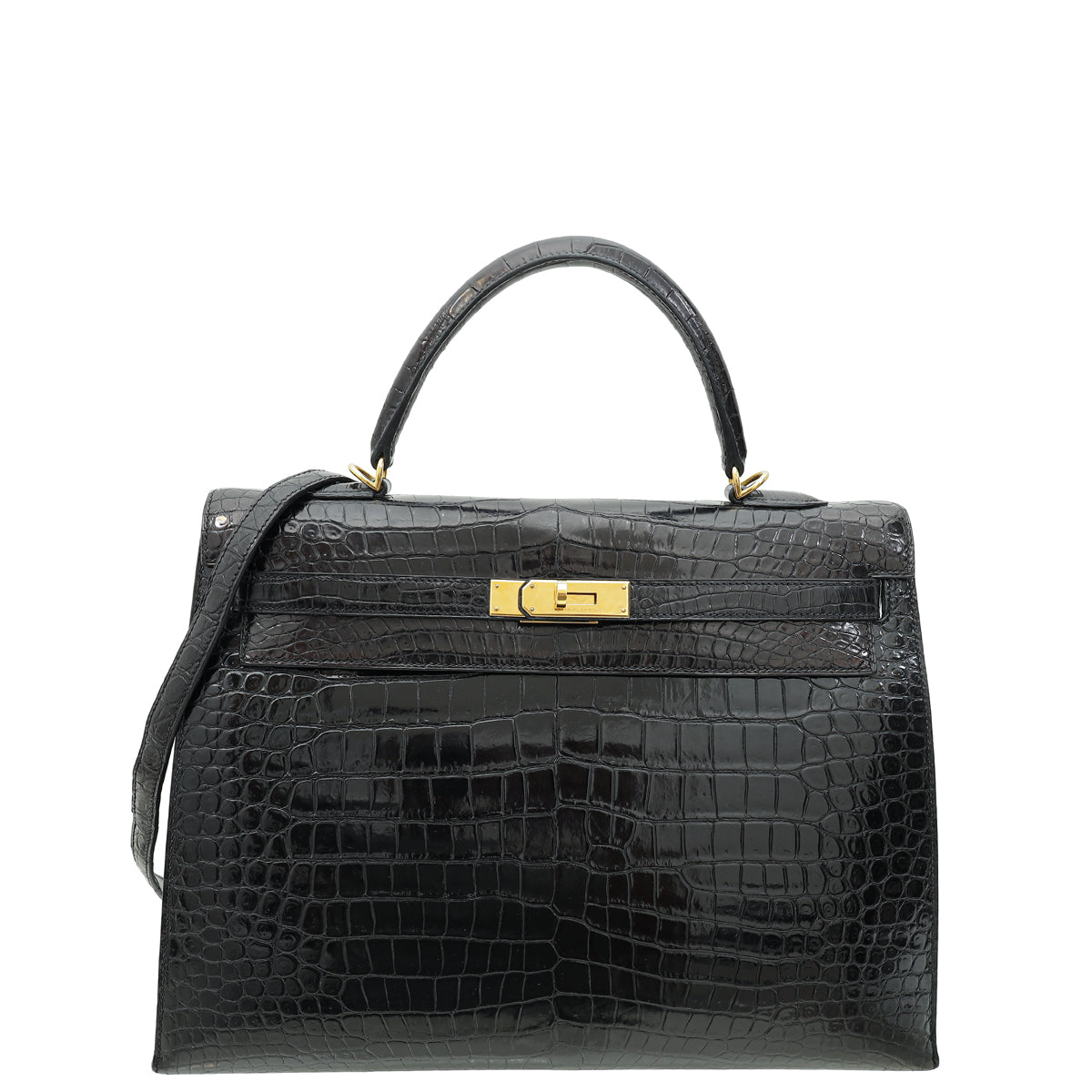 Hermes Noir Shiny Porosus Crocodile Sellier Kelly 35 Bag-Hermes-THE CLOSET