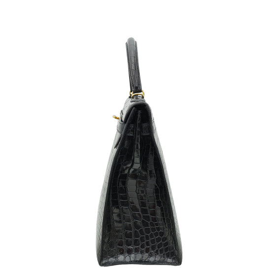 Hermes Noir Shiny Porosus Crocodile Sellier Kelly 35 Bag