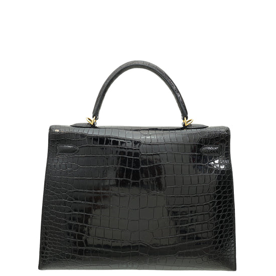 Hermes Noir Shiny Porosus Crocodile Sellier Kelly 35 Bag