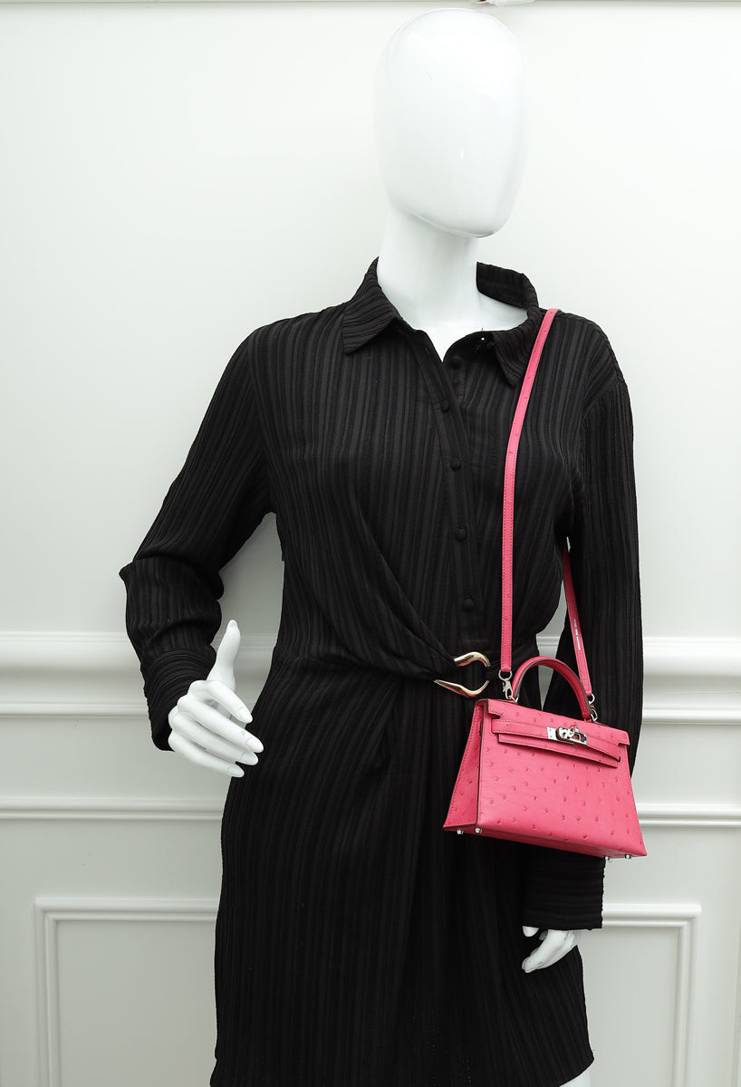 Hermes Rose Ostrich Tyrine Mini Kelly Bag