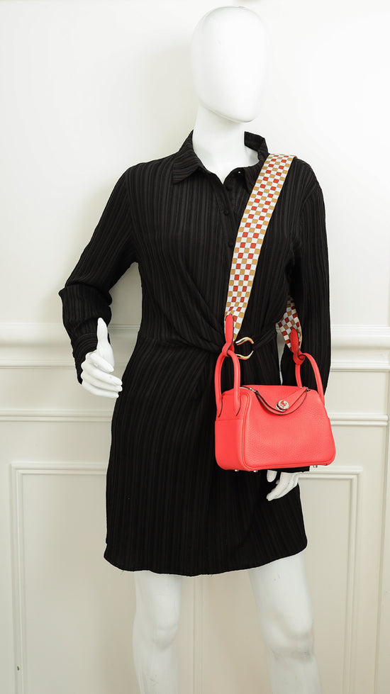 Hermes Rose Texas Lindy Mini Bag W/ Sangle Maxi Quadrille Strap-Hermes-THE CLOSET