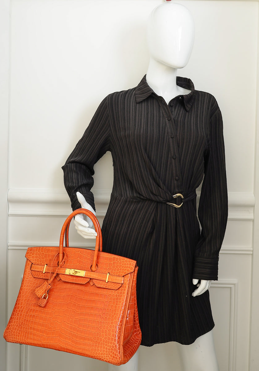 Hermes Orange Shiny Crocodile Porosus Birkin 35 Bag