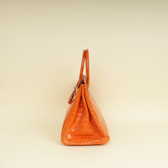 Hermes Orange Shiny Crocodile Porosus Birkin 35 Bag