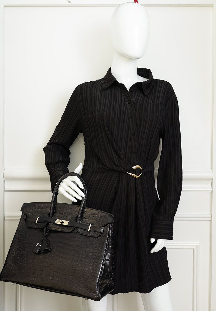 Hermes Noir Matte Porosus Crocodile Birkin 35 Bag