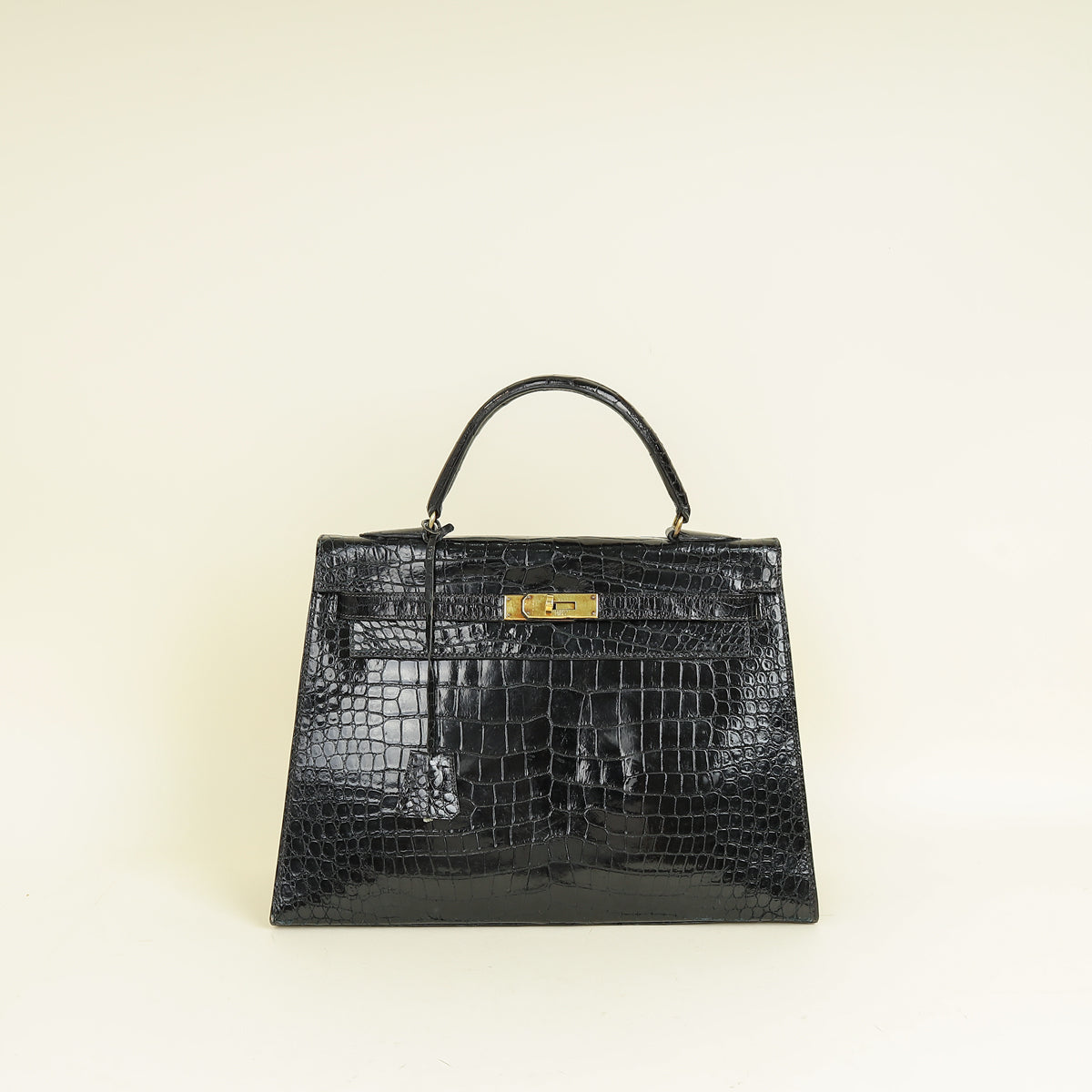 Hermes Noir Vintage Shiny Crocodile Kelly 32 Bag