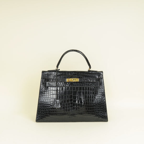 Hermes Noir Vintage Shiny Crocodile Kelly 32 Bag