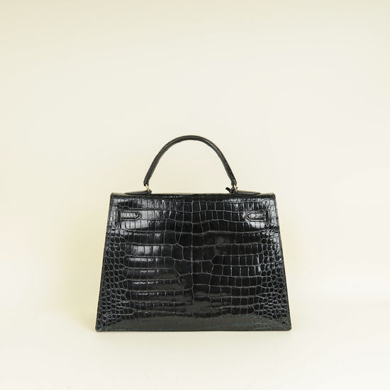 Hermes Noir Vintage Shiny Crocodile Kelly 32 Bag