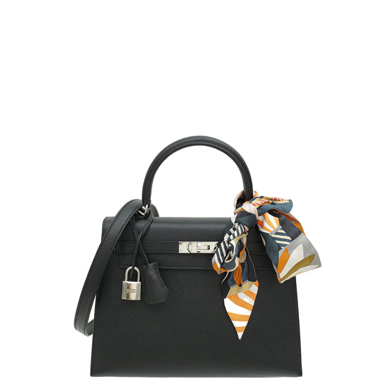 Hermes Noir Kelly 25 Sellier Bag W/ Twilly