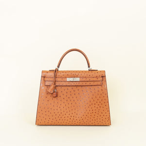 Hermes Gold Kelly 35 Sellier Ostrich Leather Bag