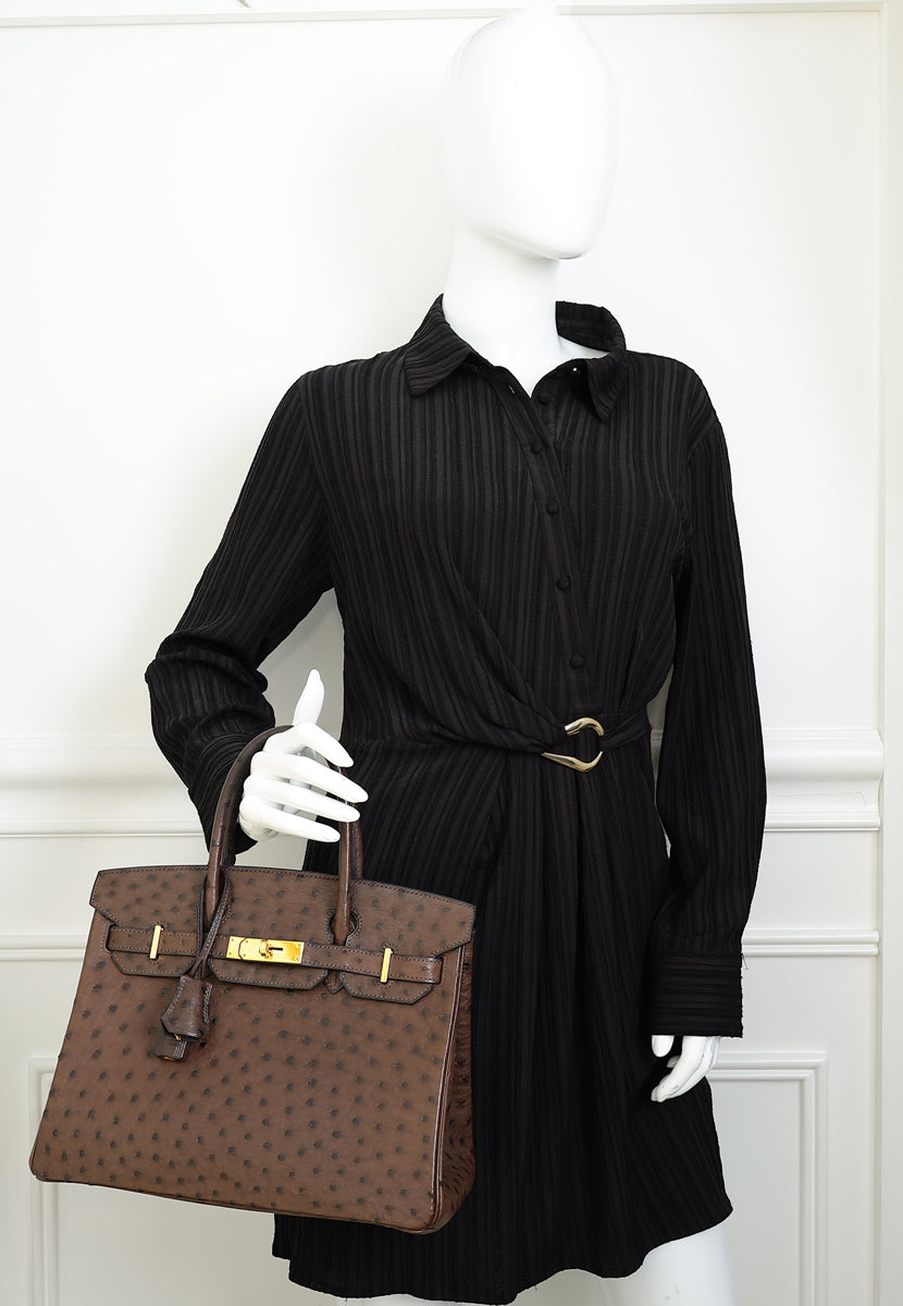 Hermes Chocolate Ostrich Retourne Birkin 30 Bag
