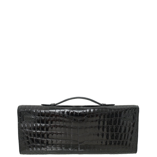 Hermes Noir Shiny Niloticus Crocodile Kelly Cut Bag