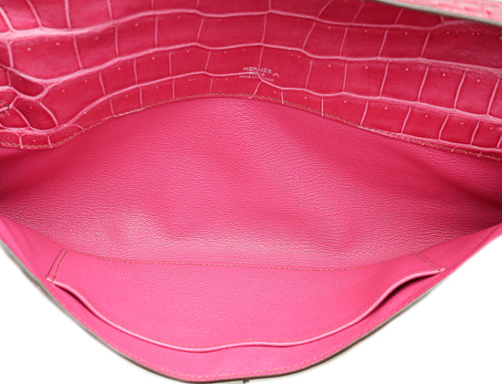 Hermes Fuchsia Shiny Porosus Crocodile Kelly Cut Clutch