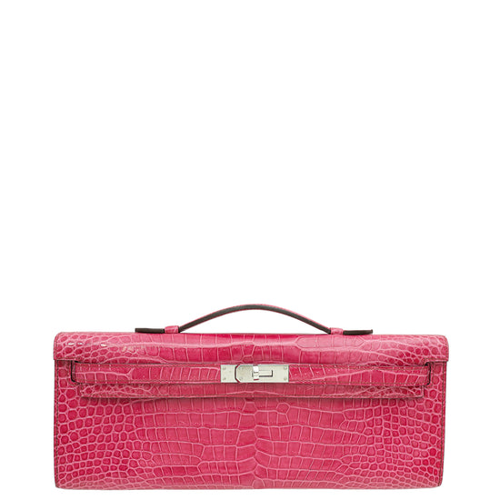 Hermes Fuchsia Shiny Porosus Crocodile Kelly Cut Clutch