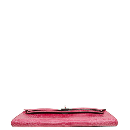 Hermes Fuchsia Shiny Porosus Crocodile Kelly Cut Clutch