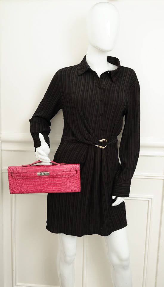 Hermes Fuchsia Shiny Porosus Crocodile Kelly Cut Bag-Hermes-THE CLOSET