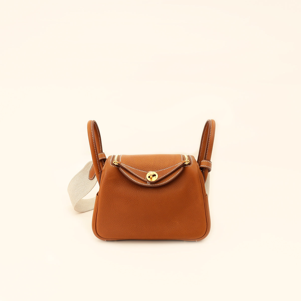 Hermes Gold Lindy II Mini Bag W/ Grain Toile Canvas Shoulder Strap-Hermes-THE CLOSET