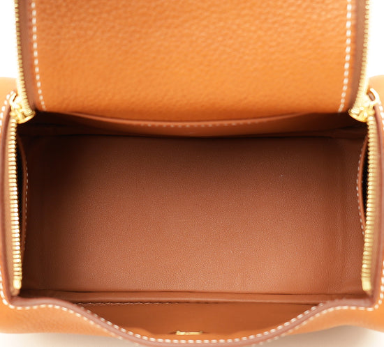 Hermes Gold Lindy II Mini Bag W/ Grain Toile Canvas Shoulder Strap-Hermes-THE CLOSET