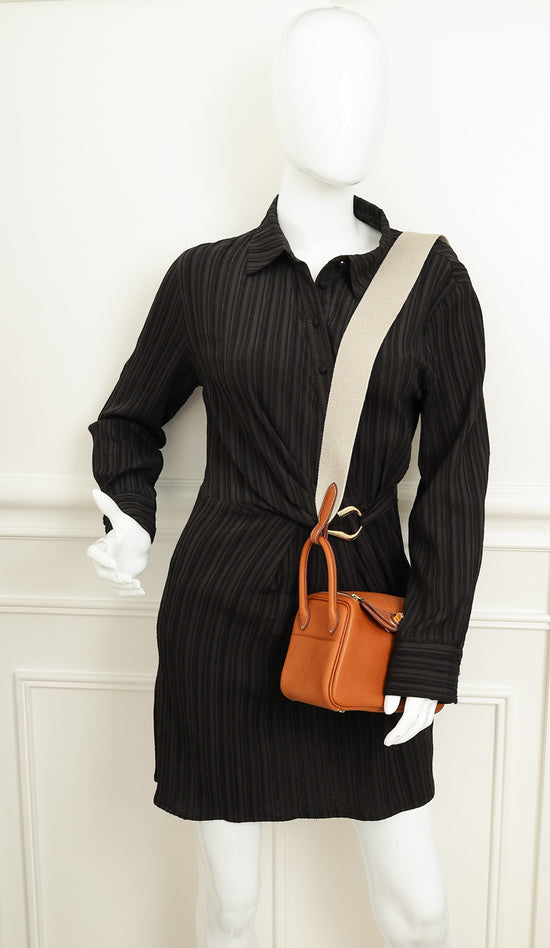 Hermes Gold Lindy II Mini Bag W/ Grain Toile Canvas Shoulder Strap-Hermes-THE CLOSET