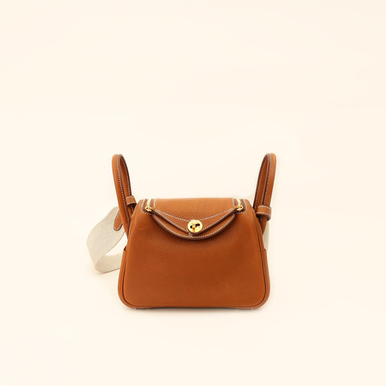 Hermes Gold Lindy II Mini Bag W/ Grain Toile Canvas Shoulder Strap-Hermes-THE CLOSET