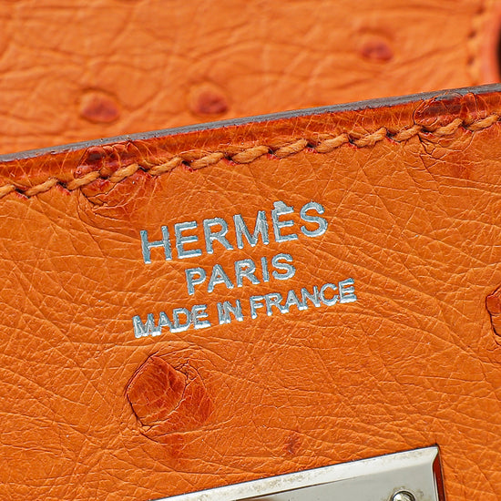 HERMES Ostrich Birkin 30 cm Tangerine Palladium Hardware Authentic