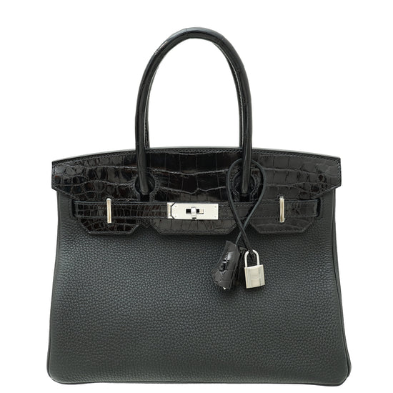 Hermes Noir Shiny Niloticus Crocodile Birkin 30 Touch Tog Bag