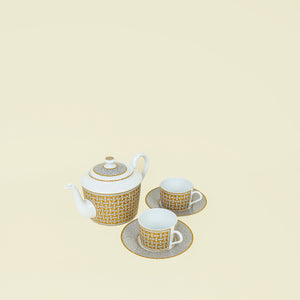 Hermes Bicolor Mosaique Au 24 Gold Tea Cup and Saucer and Tea Pot Set