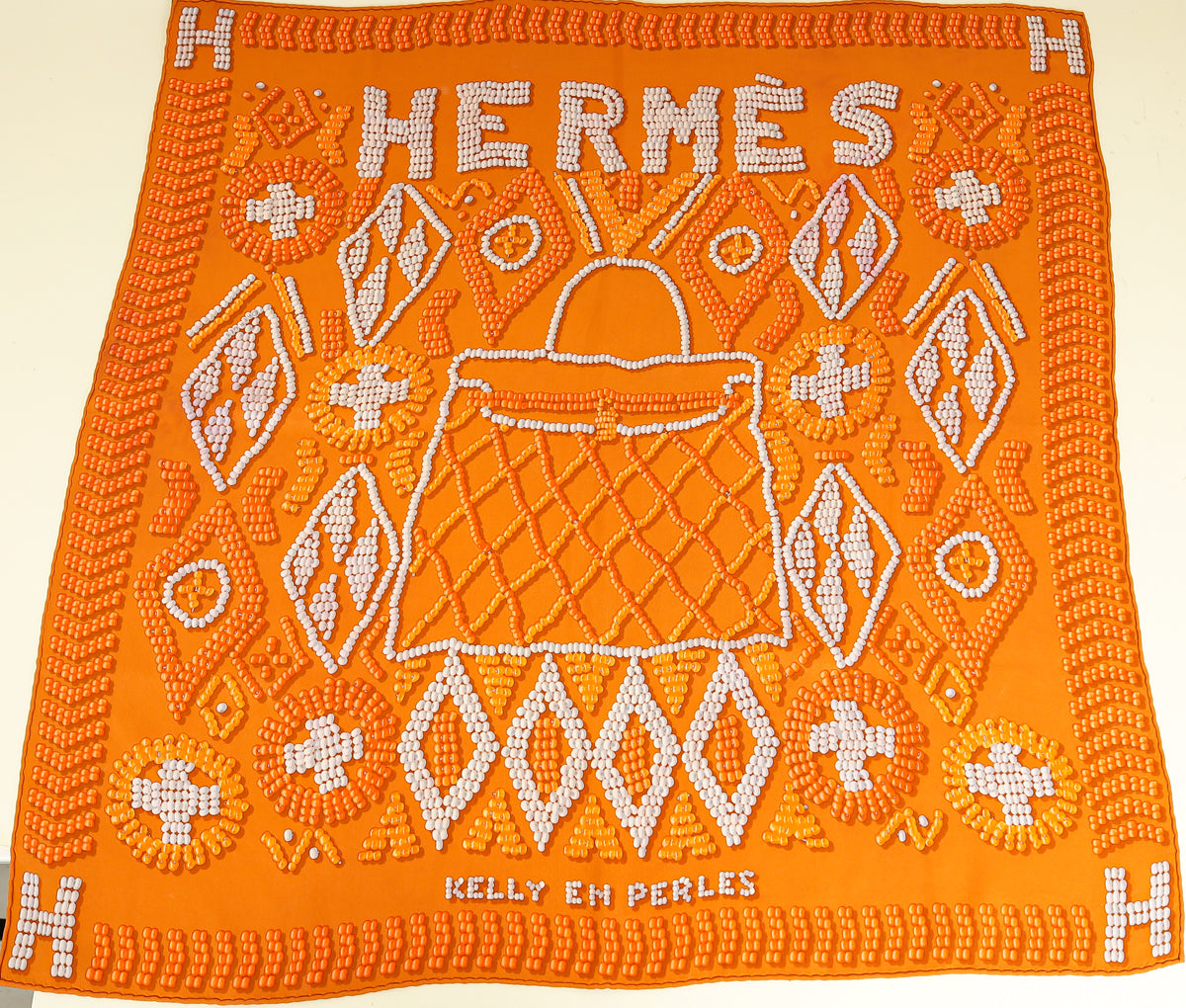 Hermes Orange Multicolor Kelly En Perles Silk Scarf