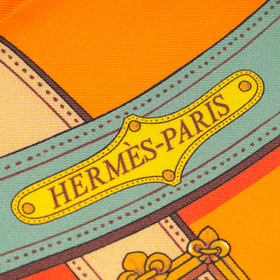 Hermes Orange Multicolor H .D'Origny Printed Silk Maxi Twilly