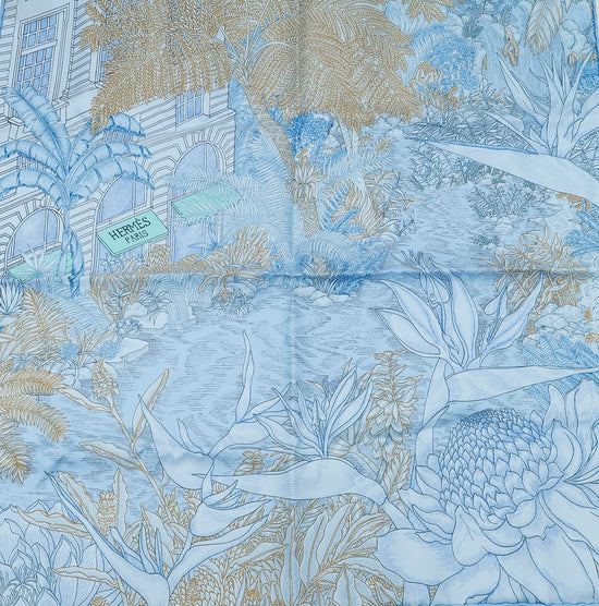 Hermes Bleu Azure Carré Faubourg Tropical Silk Twill Scarf